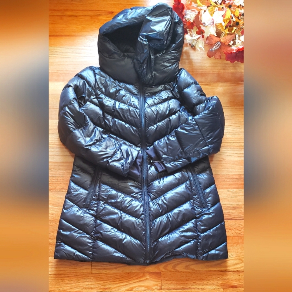NWT BCBGMAXAZRIA Black Packable Long Premium Down Pillow Collar Puffer Coat L